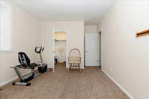 Workout room featuring light colored carpet and baseboards
