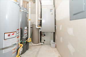 Utilities featuring water heater, electric panel, secured water heater, and heating unit