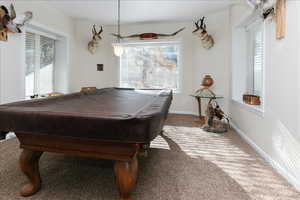 Rec room with carpet floors and billiards