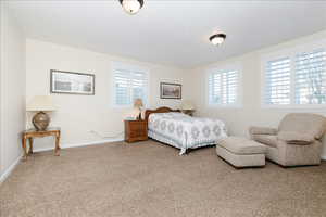 Carpeted bedroom featuring baseboards