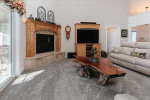 Carpeted living room featuring a high ceiling and a premium fireplace