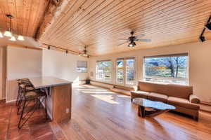 Living area featuring rail lighting, wooden ceiling, ceiling fan, and light wood-style floors