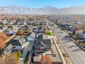 Aerial view of residential area with a mountain backdrop
