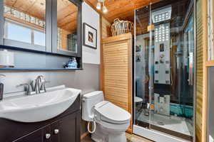 Bathroom featuring wooden ceiling, vanity, and a steam shower