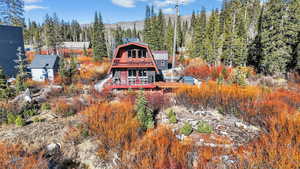 Rear view of property with a deck, a forested background and a creek view