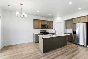 Kitchen with stainless steel appliances, a center island with sink, hanging light fixtures, a chandelier, and light wood-style floors