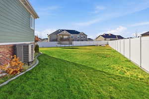 Fenced backyard featuring a residential view