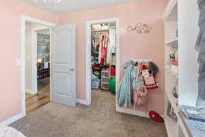 Bedroom with light colored carpet and a spacious closet