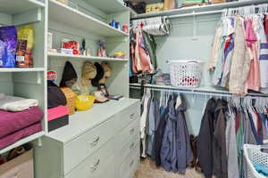 Walk in closet with light colored carpet