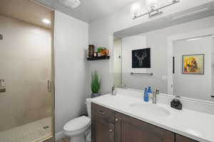Bathroom featuring vanity and a shower stall
