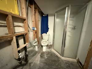 3/4 bathroom with toilet and a stall shower