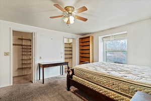 Carpeted bedroom with a walk in closet, ceiling fan, and a textured ceiling