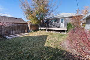 Fenced backyard featuring a garden and a wooden deck