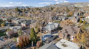 Aerial view of residential area with mountains