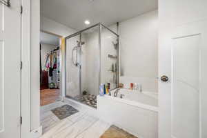 Bathroom featuring a bath, a stall shower, a walk in closet, and recessed lighting