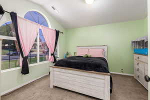 Bedroom with vaulted ceiling and carpet