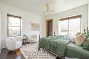 Bedroom featuring a ceiling fan and multiple windows