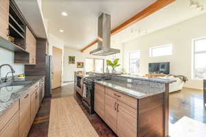 Kitchen with dark stone counters, black appliances, island range hood, rail lighting, and open shelves