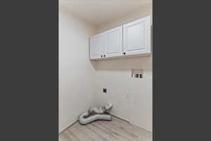 Laundry room featuring electric dryer hookup, light wood finished floors, washer hookup, and cabinet space