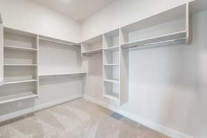 Walk in closet with light carpet
