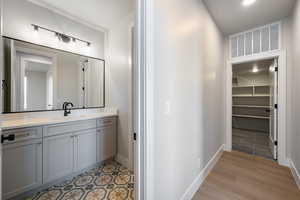 Bathroom featuring vanity, a walk in closet, and light wood-style floors