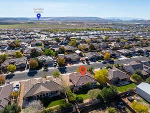 Aerial view of residential area with mountains