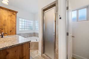 Bathroom with healthy amount of natural light, a garden tub, vanity, and a shower stall