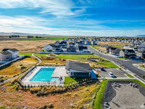 Aerial perspective of suburban area with mountains