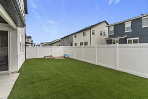 Fenced backyard featuring a residential view