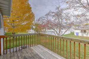 Wooden deck with a fenced backyard