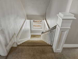 Stairway with carpet flooring and a textured ceiling