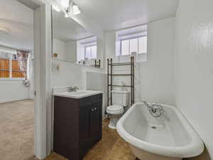 Bathroom featuring a freestanding bath, vanity, and dark colored carpet