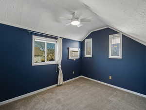 Additional living space featuring a textured ceiling, carpet, ceiling fan, lofted ceiling, and a wall mounted AC