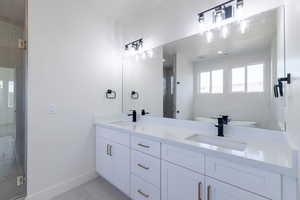 Full bathroom with a stall shower and double vanity