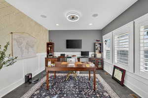 Office area featuring an accent wall, a wainscoted wall, a decorative wall, wallpapered walls, and recessed lighting