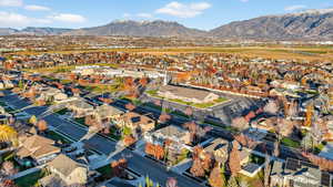 Aerial perspective of suburban area featuring mountains