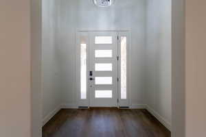Foyer entrance featuring dark wood-style flooring and baseboards