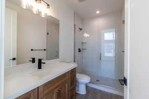 Bathroom featuring vanity, a shower stall, and dark wood-style flooring