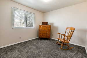 Sitting room with baseboards and dark colored carpet