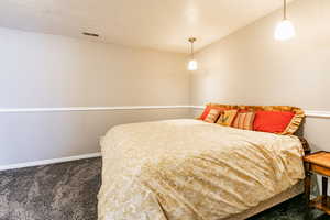 Bedroom featuring carpet and a textured ceiling