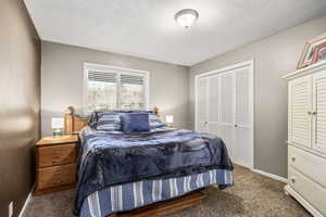 Bedroom featuring carpet floors, a closet, and a textured ceiling