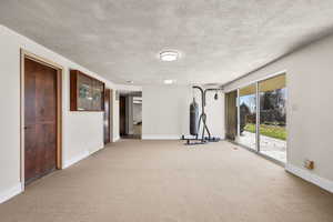 Workout area featuring a textured ceiling and carpet floors
