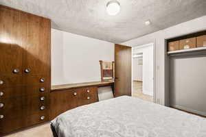 Bedroom with a textured ceiling and a closet