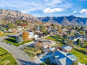 Aerial view of residential area with mountains