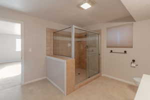 Bathroom with carpet flooring, a shower stall, and vanity