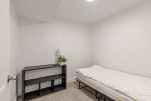 Bedroom with light colored carpet