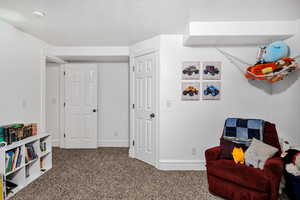 Living area with carpet flooring and baseboards