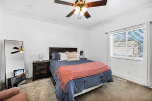 Carpeted bedroom featuring crown molding and a ceiling fan