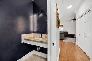Bathroom featuring vanity, ornamental molding, a ceiling fan, and light wood-style floors
