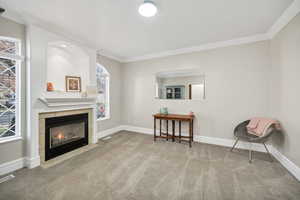Sitting room with light carpet, ornamental molding, and a tile fireplace